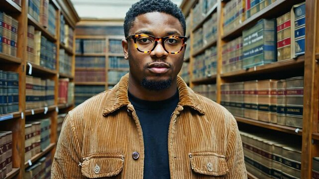 Portrait of confident young adult with beard in tortoise shell glasses posing in library surrounded by bookshelves filled with antique books