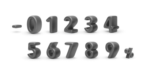 3D Numbers and Symbols in Black with Soft Shadows on White Background. Realistic Rendered Digits for Design and Marketing Projects. Vector Illustration.