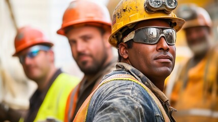 Obraz premium Focused Miner: A Gritty Portrait of Hardworking Men in Safety Gear