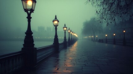 Foggy City Night Scene with Illuminated Street Lamps