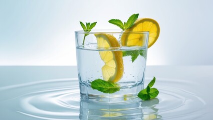 Fototapeta premium Glass filled with water, lemon, and mint
