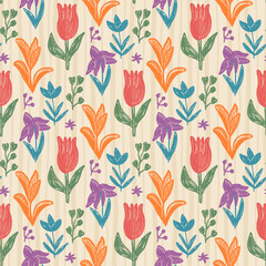 Flowers crayon seamless pattern. Block print floral stencil allover background. Pencil drawn repeat cover. Surface pattern design spring motif. Vector hand drawn monochrome illustration.