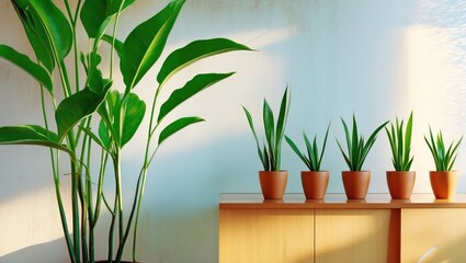 Obraz premium Stunning plants enhancing home decor next to wooden cabinet with snake plants above