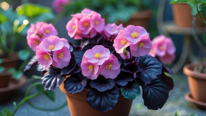 Attractive pink wax begonia flowers accompanied by purple leaves.