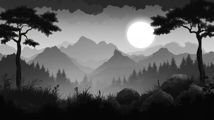 Serene Monochrome Mountain Landscape with Silhouetted Trees