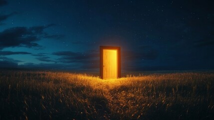 Glowing Door in a Night Field Under Starlit Sky