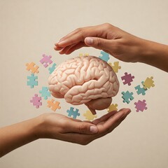 Hands holding brain puzzle  &ndash; autism, dementia, epilepsy, alzheimer awareness, World Mental Health Day campaign image