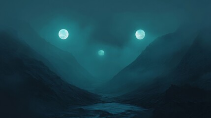 Teal Night Landscape with Glowing Moons