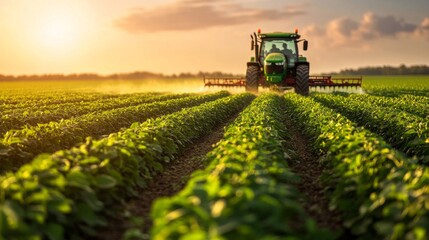 Fototapeta premium Green Tractor Cultivating a Lush Field at Sunset
