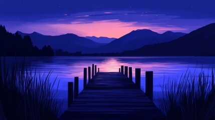 Fototapeta premium Serene Night Lake Sunset with Purple Sky and Silhouette Mountains