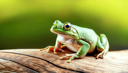 Close up of a green frog sitting on a smooth surface, Focus on the frog texture and natural color. Suitable for educational, nature, and wildlife content, green frog on a leaf