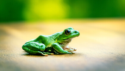 Naklejka premium Close up of a green frog sitting on a smooth surface, Focus on the frog texture and natural color. Suitable for educational, nature, and wildlife content, green frog on a leaf