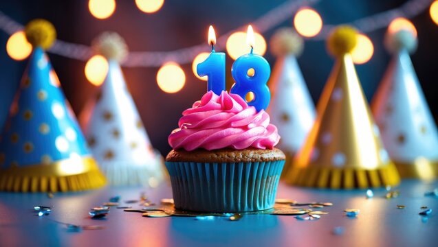 Scrumptious cupcake adorned with number candles on a tabletop, space for text