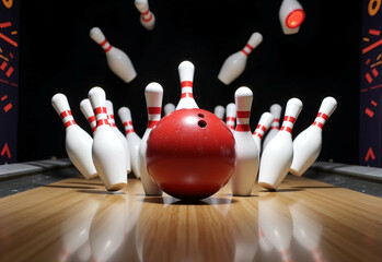 Striking down pin with a bowling ball