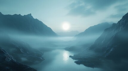 Fototapeta premium Misty Blue Mountain River Landscape at Sunrise