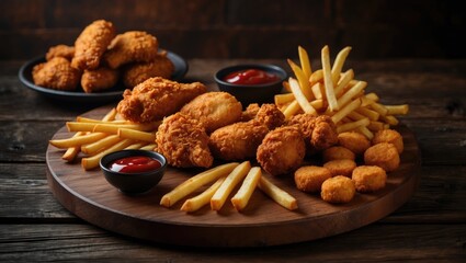 Fototapeta premium Fried chicken, french fries, and nuggets combo - unhealthy junk food