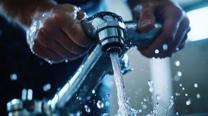 Plumber fixing burst water pipe. Featuring plumbing repair and water damage prevention