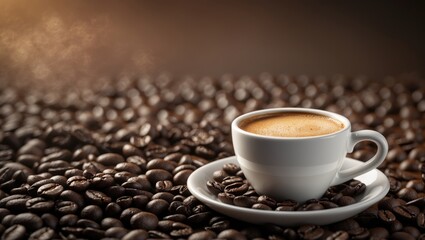 Background of freshly roasted coffee beans with a cup of hot frothy espresso on the right side in a panoramic banner
