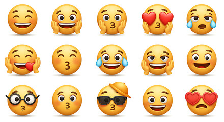 Fototapeta premium Expressive Faces: A Collection of Round, Glossy Yellow Emoticons on White