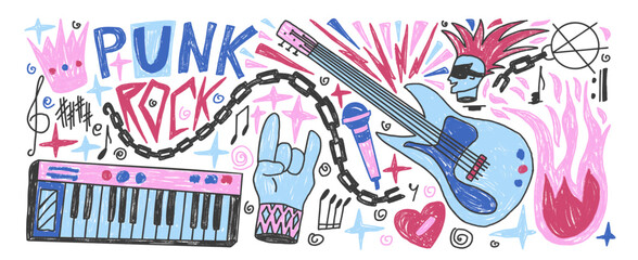 Punk rock music party crayon drawn set. Rock n roll festival doodle background. Scribble grunge music concert flyer elements. Guitar, electronic piano horns, mic graffiti art. Vector illustration.