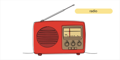 Red retro vintage radio continuous single line art drawing sketch on white background