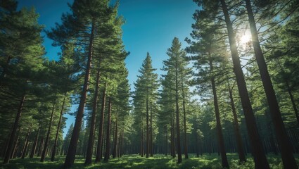 Fototapeta premium Lofty pine trees tower against the sky, their slender trunks reaching high. The air is crisp with the aroma of pine, while sunlight streams through the thick, green needles, forming a tranquil