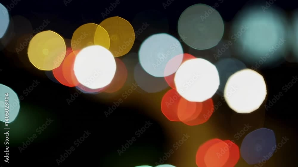 Poster vibrant city nightscape featuring blurred, colorful lights creating mesmerizing bokeh effect, transf