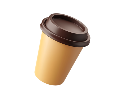 3D icon of a coffee cup with a lid, flying out from the top, on a transparent background