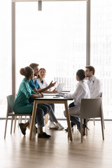 Medical council. Diverse doctors international clinic department staff meeting at hospital...