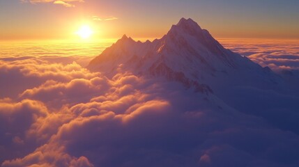 Snowy Mountain Peaks at Sunset Above Clouds