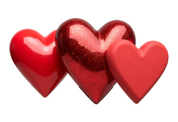 Fototapeta premium Three Red Hearts Different Texture Smooth Glossy, One Sparkly One Matte One white Background
