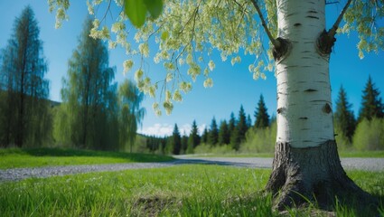 Description of tree leaves and blossoms, branch adorned with green foliage and catkins. Weeping tree.