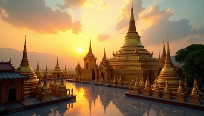 Fototapeta premium Sunlit Buddhist temple complex, numerous golden stupas , traditional, view