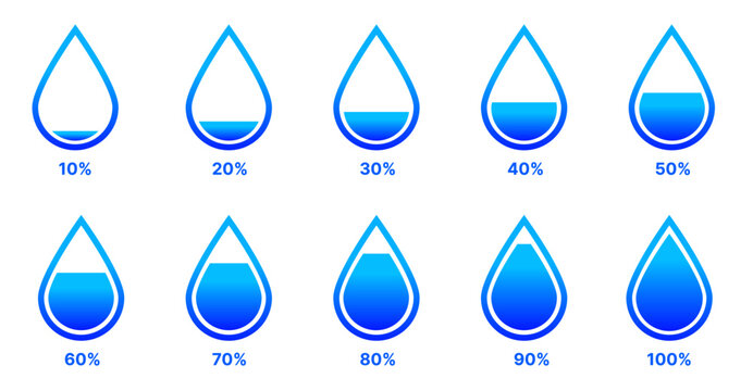 blue water droplets representing. Vector set of blue water droplets representing percentage levels from 10% to 100%, ideal for hydration tracking, fluid progress, and UI design for health or weather-r