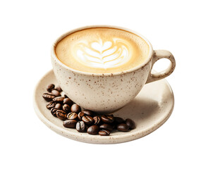 Fototapeta premium A cup of latte art coffee with coffee beans isolated on a transparent background
