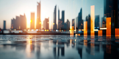 Dark stone surface reflecting a blurred cityscape at sunset, overlaid with translucent orange bar graphs, showcasing urban development and financial growth