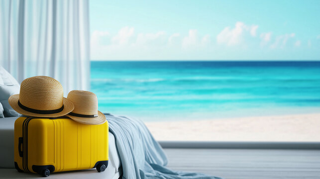Modern hotel room with a luxurious vibe, two straw hats on the bed, and a yellow suitcase placed beside it. A stunning ocean view with shimmering blue water and a perfect sandy bea