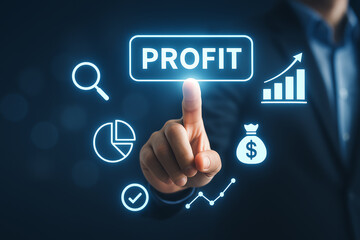 Obraz premium A businessman analyzing profit indicators through digital data visualization, symbolizing growth and financial success.