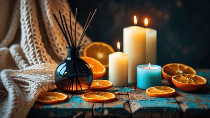 Fototapeta premium Cozy living space featuring knitting, lit candles, and an aroma diffuser.