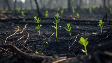 Fresh green shoots emerge from burnt soil, representing nature's strength and revival following a fire.