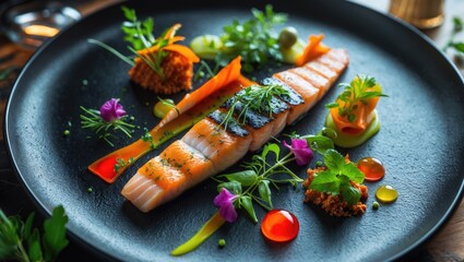 sophisticated cuisine on a black plate