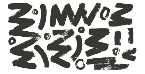 Grunge abstract painting elements with brush stroke texture. Hand drawn black ink graffiti zigzag, circles and geometric urban street style shapes on white background. Freehand makeup swatch figures.