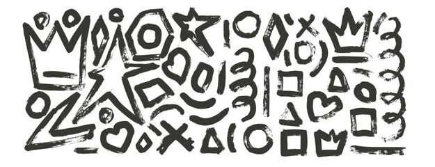 Obraz premium Grunge wall art elements with brush stroke texture. Hand drawn black ink graffiti crown, star, heart and geometric urban street style shapes on white background. Circle, hexagon abstract figures.