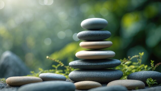 Pyramid-shaped arrangement of balance stones on a natural backdrop.