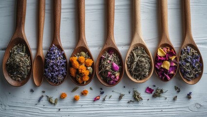 Variety of dry herbal and berry tea displayed in wooden spoons on a wooden backdrop.