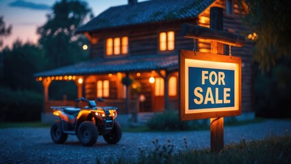 Fototapeta premium Property available for purchase. Auction sign displayed near property. Cottage during summer dusk. Real estate for sale. Two-level wooden structure. Villa on the market. Acquisition of property.