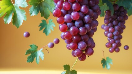 Obraz premium Vibrant ripe grapes surrounded by falling leaves set against a backdrop