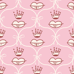 Coquette ogee seamless pattern. Girly marker endless background. Bow, crown and lips repeat cover. Crayon damask continuous ornament. Surface pattern design ribbon motif. Hand drawn vector.