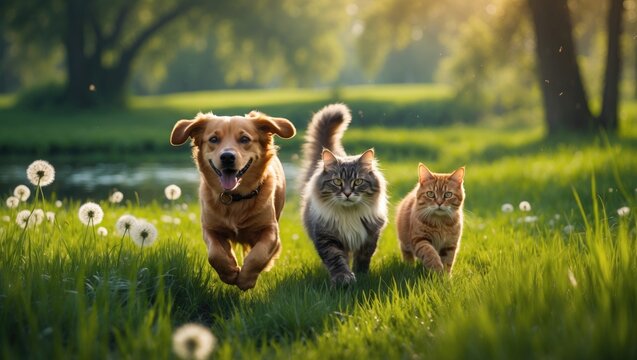 In a bright meadow of green grass, a dog and two cats race with friends