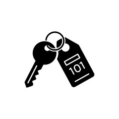 Black filled hotel key icon with room number tag